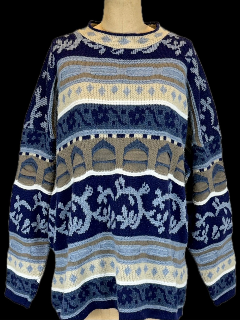 VINTAGE 90s fair isle knit sweater 3d dimensional texture oversized tunic blue